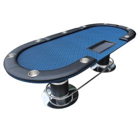 INO Design 96inch Oval Poker Table Detachable Armrest Chip Tray Blue Speed Cloth Surface Stainless Steel Pedestal Base