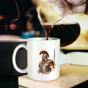 1pc White Ceramic Coffee Cup with Spartan Warrior Design - Dishwasher & Microwave Safe, Ideal for Office/ Home Use -