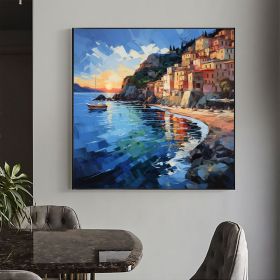 Hand Painted Abstract Mediterranean Oil Painting On Canvas Large Wall Art Original Coastal City Landscape Art Custom Blue Ocean Decor Living Room (Style: 01, size: 120x120cm)