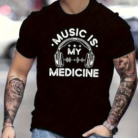 Music Is Good Medicine, Letter Printed Men's Short Sleeved Round Neck Plus Size T-shirt, Summer Fashionable Round Neck Short Sleeved Top (Color: Black, size: M)