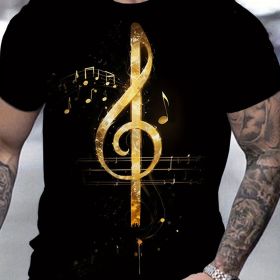 Men's Casual Summer T-shirt With Geometric Notes And Music Symbol Prints, Ideal For Gift Giving (Color: Black, size: 2XL)