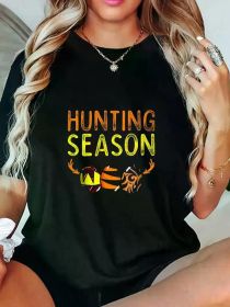 Holiday Cheer] Women's Hunting Season Graphic T-Shirt - Soft Crew Neck Short Sleeve Tee with Deer & Egg Hunt Design (Color: Black, size: XL)