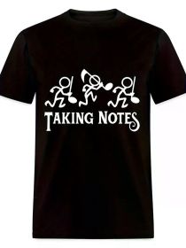Funny Music Teacher Graphic T-Shirt - 'Taking Notes' Design, Men's Short Sleeve, Black Polyester Blend, Machine (Color: Black, size: XL)