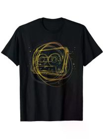 Retro Music Cassette Tape Graphic T-Shirt for Men, 100% Cotton, Black Short Sleeve Tee with Yellow Abstract Design (Color: Black, size: M)