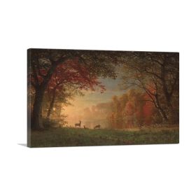 Indian Sunset Deer By a Lake 1880 (Type: Standard Framed Canvas Print, size: 16" x 12" / 42cm x 30cm (approx))