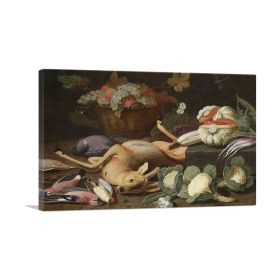 Still Life Basket Fruit Cauliflowers Melon Leeks Radishes Vegetables Deer Songbirds (Type: Standard Framed Canvas Print, size: 28" x 20" / 70cm x 50cm (approx))