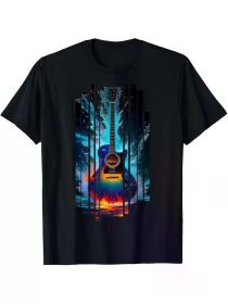 Men's 100% Cotton Guitar Graphic T-Shirt - Vibrant Ocean & Music Design, Short Sleeve, Round Neck, Casual Fit, Machine Washable (Color: Black, size: M)