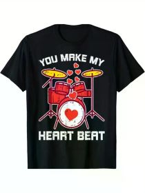 Valentine's Day Rock Drummer T-Shirt for Men & Teens - "You Make My Heart Beat" design, 100% cotton, relaxed fit, machine washable (Color: Black, size: M)