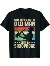 Humorous Saxophone-themed Men's T-Shirt - "Never Underestimate the Old Man of Saxophone" pattern, 100% cotton, round neck (Color: Black, size: L)