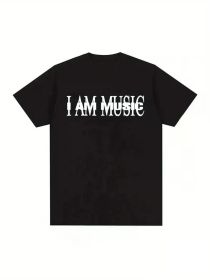 Men's "I Am Music" Graphic T-Shirt - Black Cotton Bohemian Style Short Sleeve Tee for Music Lovers, Casual Round Neck Printed Shirt, Band T Shirt (Color: Black, size: XL)