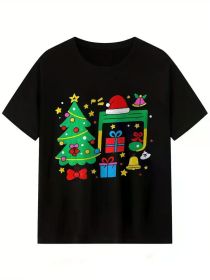 Men's Christmas Music Notes Graphic T-Shirt - Festive Short Sleeve Crew Neck Casual Tee with Holiday Design (Color: Black, size: L)