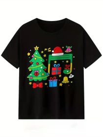 Men's Christmas Music Notes Graphic T-Shirt - Festive Short Sleeve Crew Neck Casual Tee with Holiday Design (Color: Black, size: M)