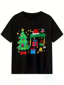 Men's Christmas Music Notes Graphic T-Shirt - Festive Short Sleeve Crew Neck Casual Tee with Holiday Design (Color: Black, size: XXXL)