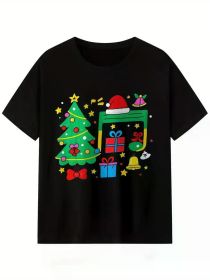 Men's Christmas Music Notes Graphic T-Shirt - Festive Short Sleeve Crew Neck Casual Tee with Holiday Design (Color: Black, size: XL)