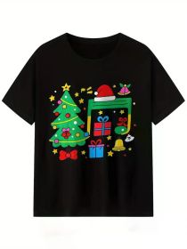 Men's Christmas Music Notes Graphic T-Shirt - Festive Short Sleeve Crew Neck Casual Tee with Holiday Design (Color: Black, size: S)