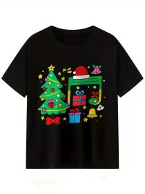 Men's Christmas Music Notes Graphic T-Shirt - Festive Short Sleeve Crew Neck Casual Tee with Holiday Design (Color: Black, size: XXL)