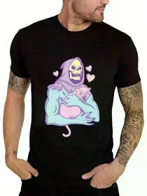 Men's Vintage 90's Skull Cat Pattern T-Shirt - Soft Cotton, Black Casual Music Fan T-Shirt, Unique Skull Design, Lightweight and Comfortable (Color: Black, size: S)