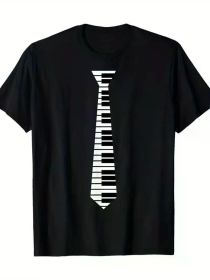 Men's 100% Cotton Piano Neck Tie Graphic Tee - Funny Keyboard Design, Short Sleeve, Black T-Shirt for Music Lovers (Color: Black, size: XXL)
