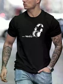 1pc Men'S Music Headphones Graphic T-Shirt, 100% Cotton Crew Neck, Short Sleeve, Breathable Quick Dry Knit Fabric, All-Season Casual Tee (Color: Black, size: XL)