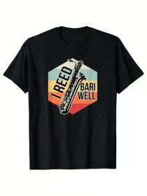Sax Print Men's Cotton T-Shirts, Graphic T-Shirts Men's Fun & Happy Outdoorwear, Men's Music Apparel, Casual Short Sleeve Crew Neck T-Shirts (Color: Black, size: XL)