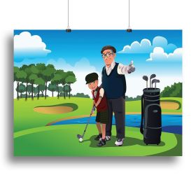 Grandfather teaching his grandson playing golf Canvas Print or Poster (Type: Poster Print, size: Small (12" x 8"))
